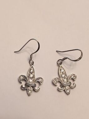 Sterling Silver Fleur-de-Lis Crystal Drop Earrings - Women Jewelry